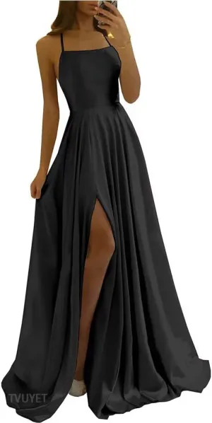 Tvuyet Satin Prom Dresses Long with Pockets Spaghetti Straps A Line Bridesmaid Dresses with Side Slit Ball Gown