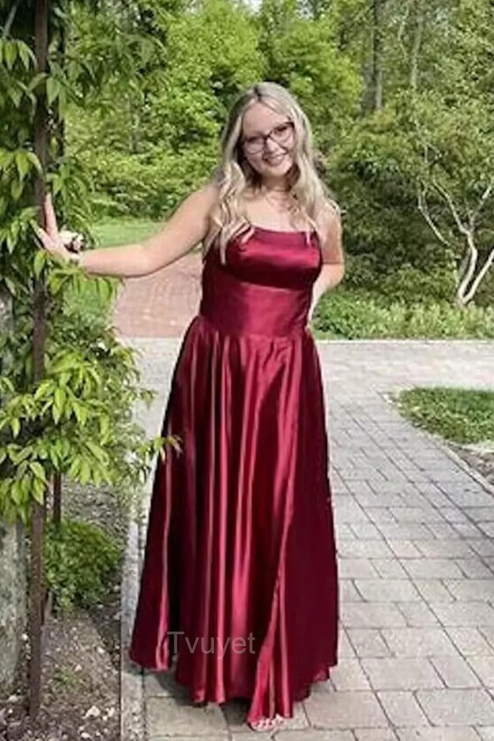 Tvuyet Satin Prom Dresses Long with Pockets Spaghetti Straps A Line Bridesmaid Dresses with Side Slit Ball Gown