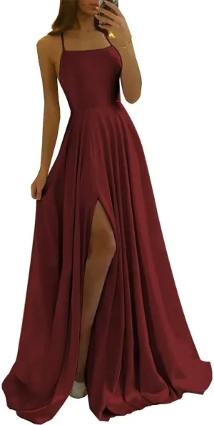 Tvuyet Satin Prom Dresses Long with Pockets Spaghetti Straps A Line Bridesmaid Dresses with Side Slit Ball Gown