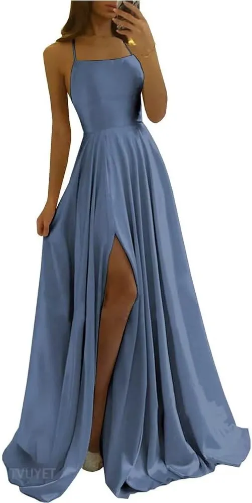 Tvuyet Satin Prom Dresses Long with Pockets Spaghetti Straps A Line Bridesmaid Dresses with Side Slit Ball Gown