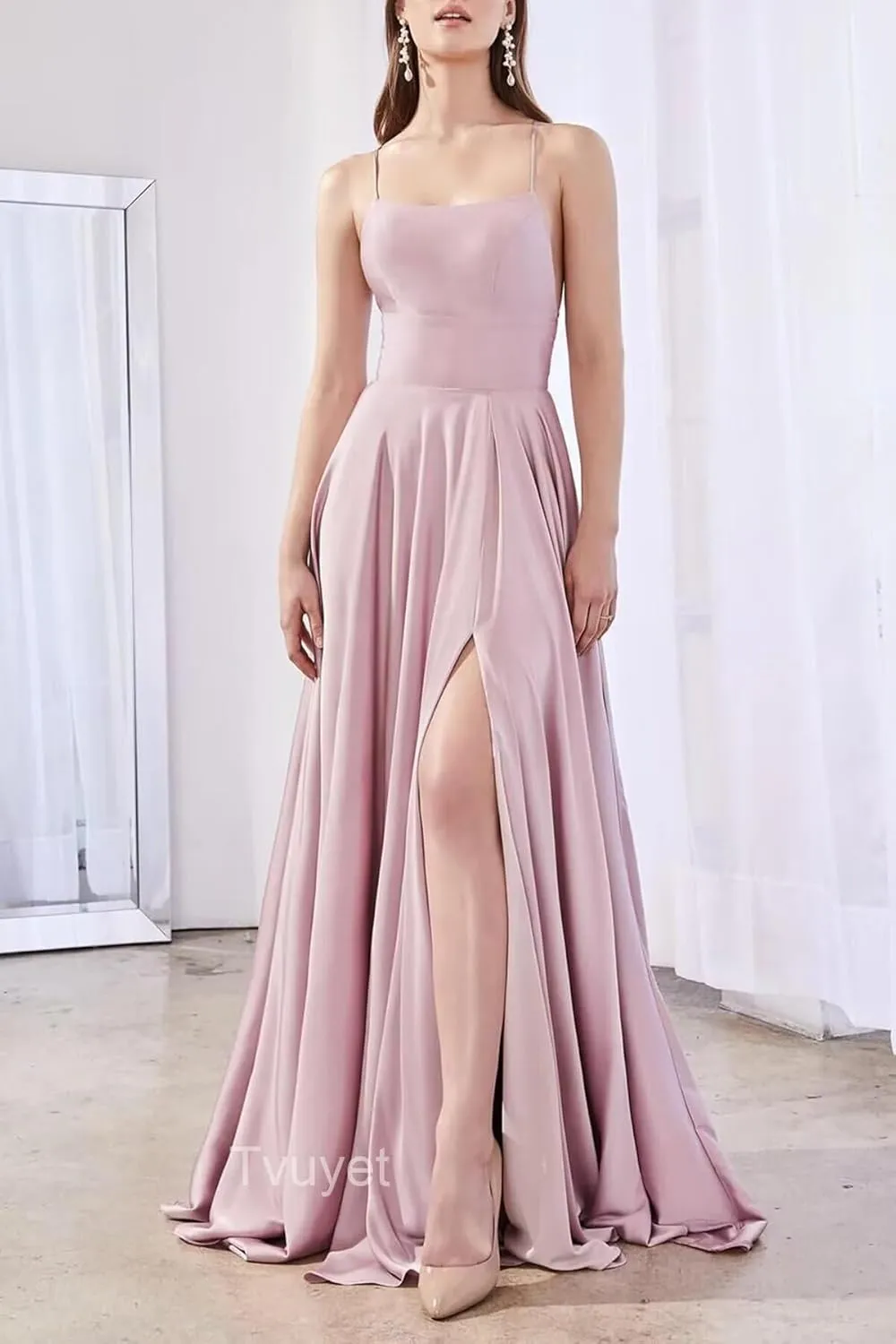 Tvuyet Satin Prom Dresses Long with Pockets Spaghetti Straps A Line Bridesmaid Dresses with Side Slit Ball Gown