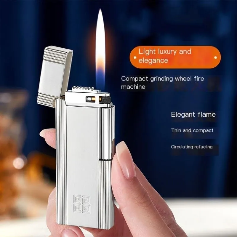Ultra-Thin Metal Butane Lighter Narrow Version Side Sliding Wheel Soft Flame for Candle Camping Gifts for Men and Women(Black 1)