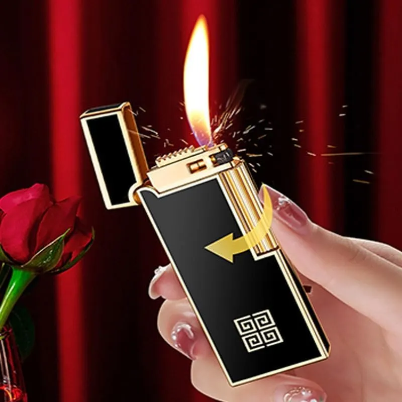 Ultra-Thin Metal Butane Lighter Narrow Version Side Sliding Wheel Soft Flame for Candle Camping Gifts for Men and Women(Black 1)