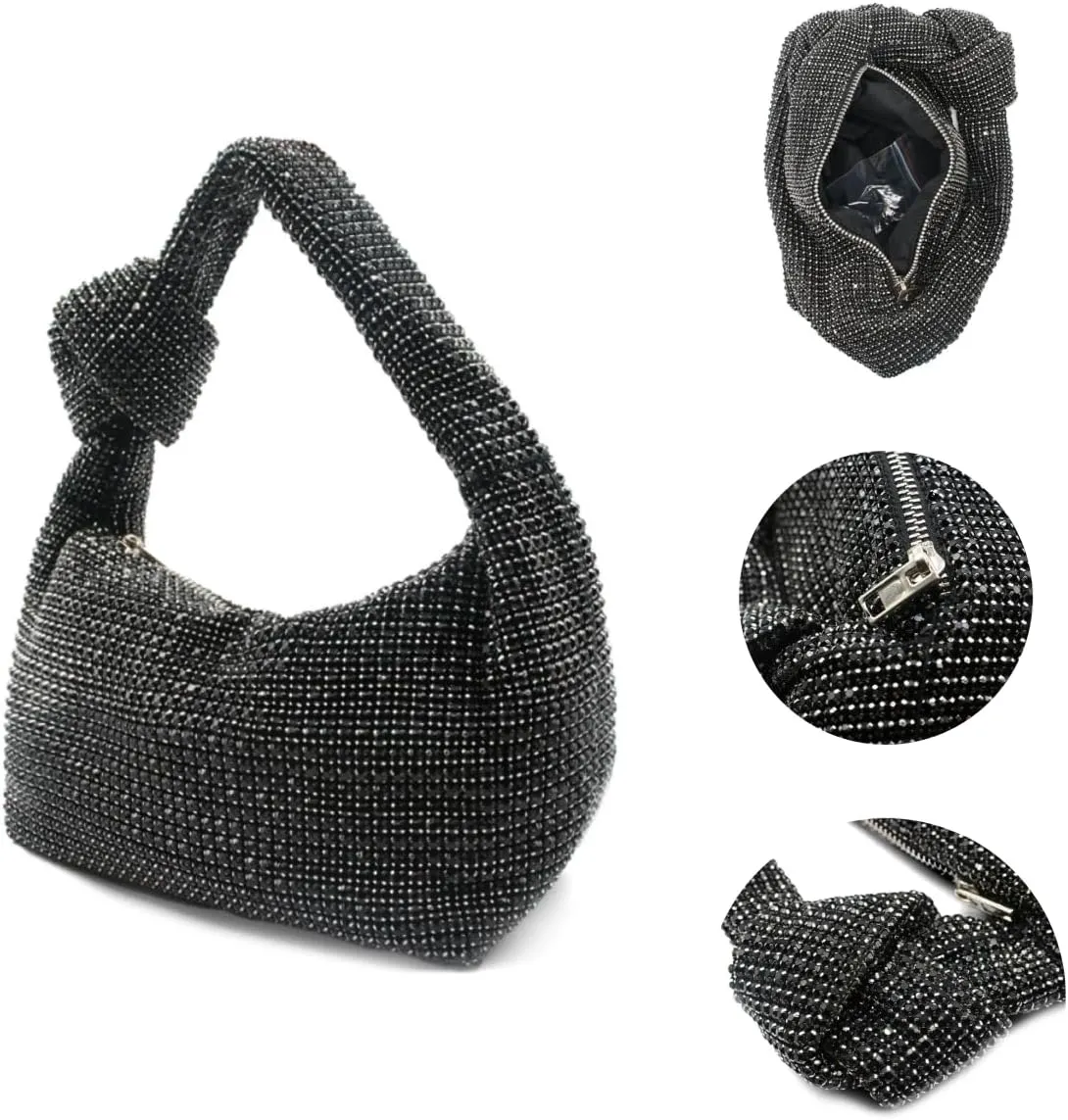 UMREN Bling Full Glitter Knotted Handbag for Women Crystal Rhinestone Hobo Dumpling Bag Diamond Evening Clutch Crossbody Bag