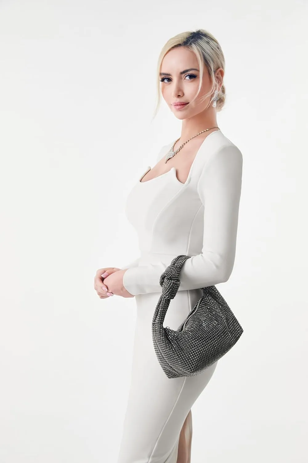 UMREN Bling Full Glitter Knotted Handbag for Women Crystal Rhinestone Hobo Dumpling Bag Diamond Evening Clutch Crossbody Bag