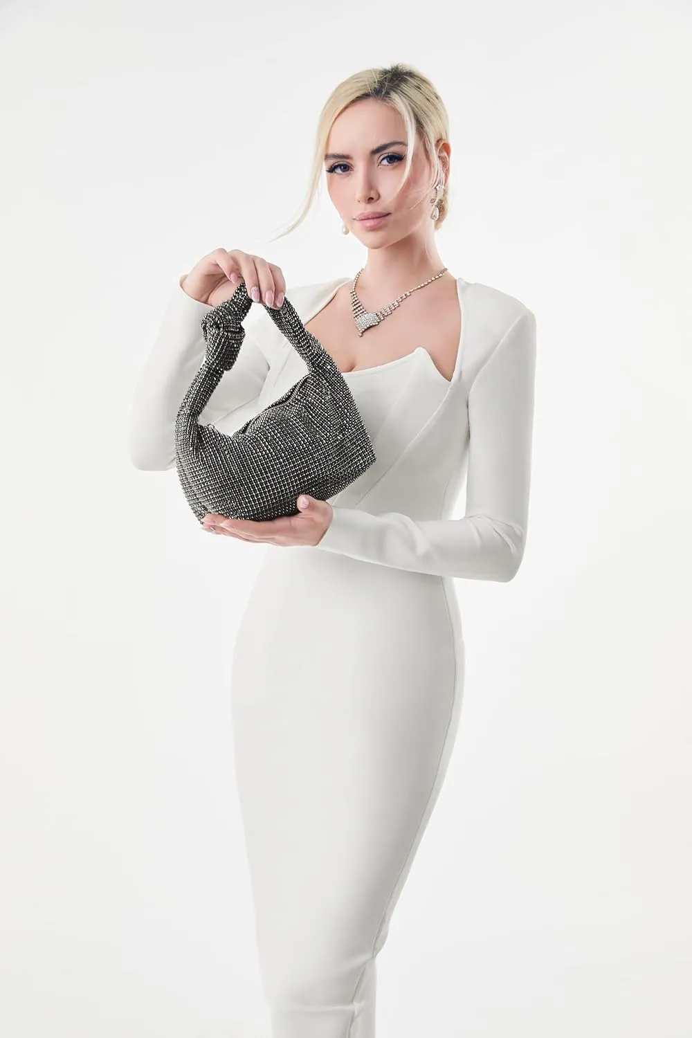 UMREN Bling Full Glitter Knotted Handbag for Women Crystal Rhinestone Hobo Dumpling Bag Diamond Evening Clutch Crossbody Bag