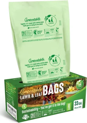 UNNI Compostable Lawn & Leaf Liner Bags, 30-33 Gallon, 124 Liter, 1.1 Mil Extra Thick, 40 Count, Yard Waste & Food Scraps Disposal, ASTM D6400, BPI, CMA & OK compost HOME Certified, San Francisco