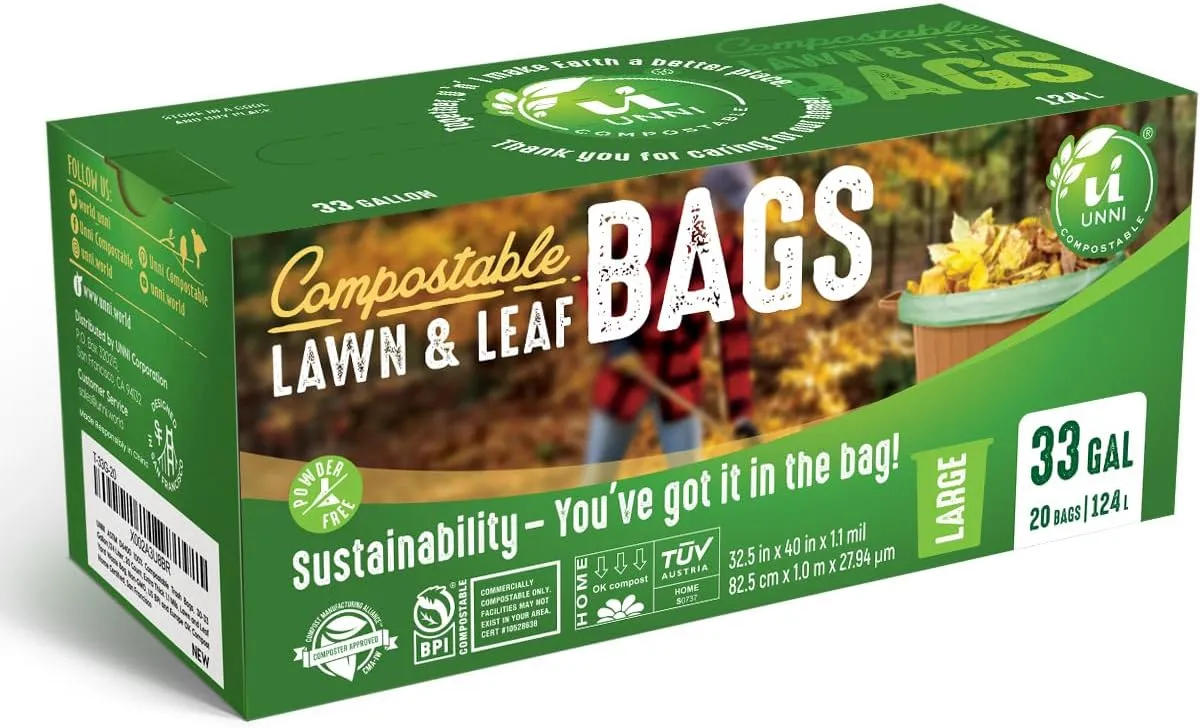 UNNI Compostable Lawn & Leaf Liner Bags, 30-33 Gallon, 124 Liter, 1.1 Mil Extra Thick, 40 Count, Yard Waste & Food Scraps Disposal, ASTM D6400, BPI, CMA & OK compost HOME Certified, San Francisco