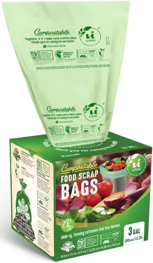 UNNI Compostable Liner Bags, 3 Gallon, 11.35 Liter, 100 Count, Extra Thick 0.71 Mil, Small Kitchen Food Scrap Waste Bags, ASTM D6400, US BPI, CMA and Europe OK compost HOME Certified, San Francisco