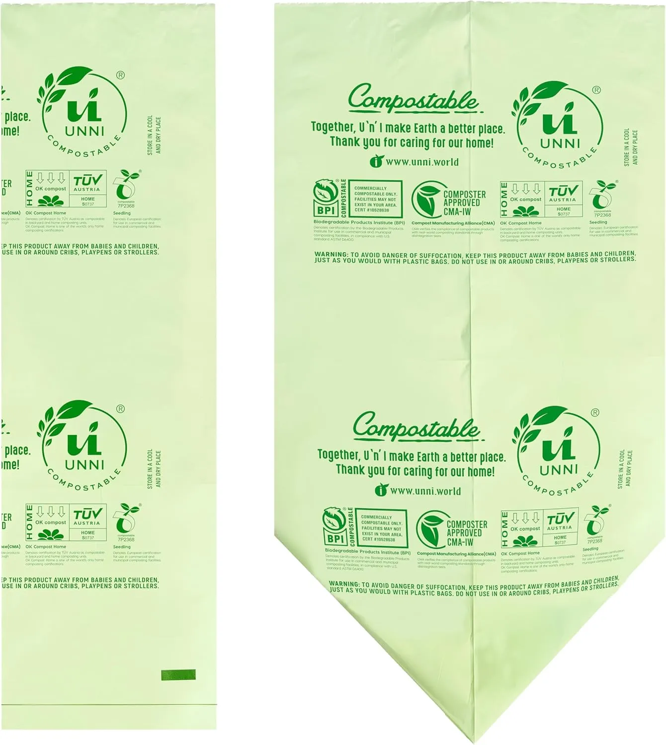 UNNI Compostable Liner Bags, 3 Gallon, 11.35 Liter, 100 Count, Extra Thick 0.71 Mil, Small Kitchen Food Scrap Waste Bags, ASTM D6400, US BPI, CMA and Europe OK compost HOME Certified, San Francisco