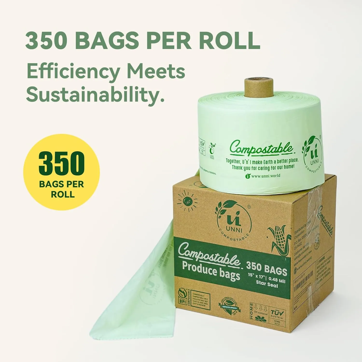 UNNI Compostable Produce Bags, 15"x17", 350 Count, ASTM D6400, BPI, CMA & OK compost HOME Certified, For Farmers Markets, Grocery Stores & Sustainable Produce Storage, Rooted in San Francisco
