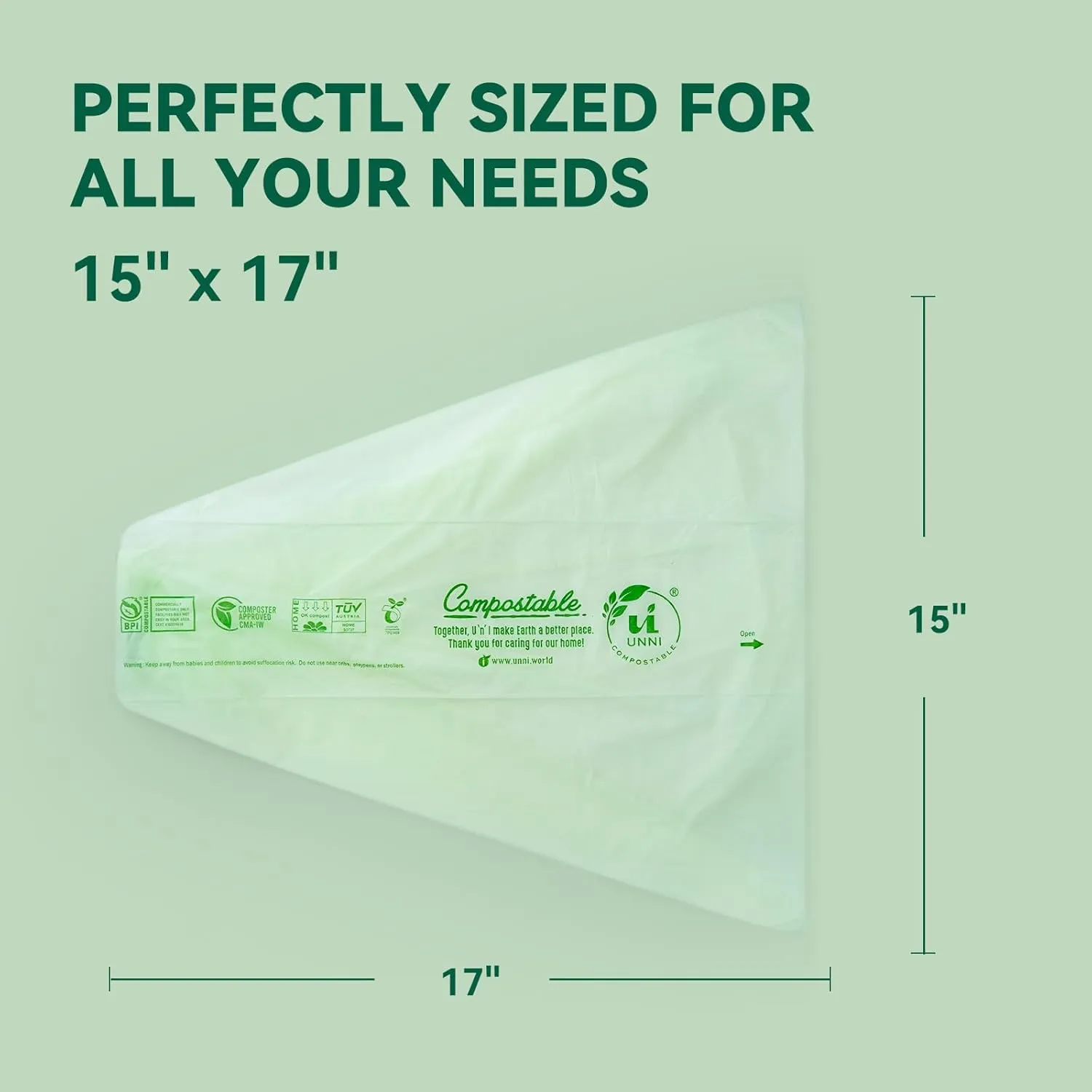 UNNI Compostable Produce Bags, 15"x17", 350 Count, ASTM D6400, BPI, CMA & OK compost HOME Certified, For Farmers Markets, Grocery Stores & Sustainable Produce Storage, Rooted in San Francisco