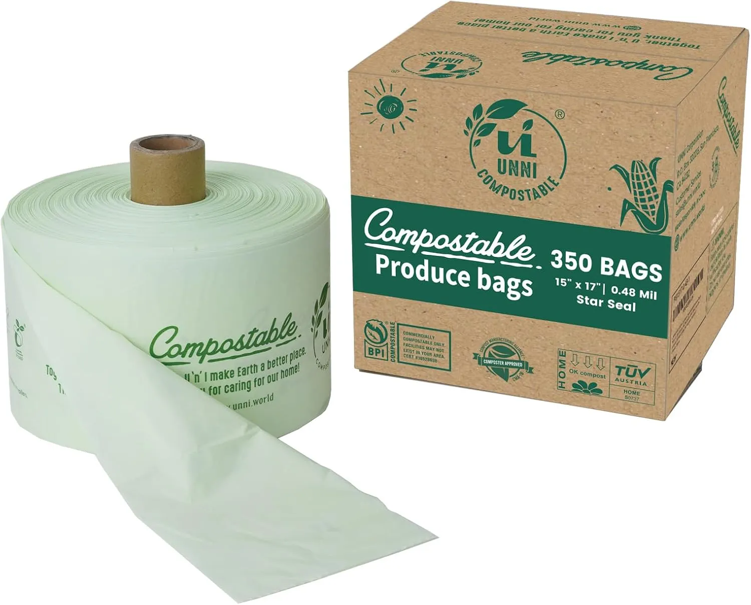 UNNI Compostable Produce Bags, 15"x17", 350 Count, ASTM D6400, BPI, CMA & OK compost HOME Certified, For Farmers Markets, Grocery Stores & Sustainable Produce Storage, Rooted in San Francisco