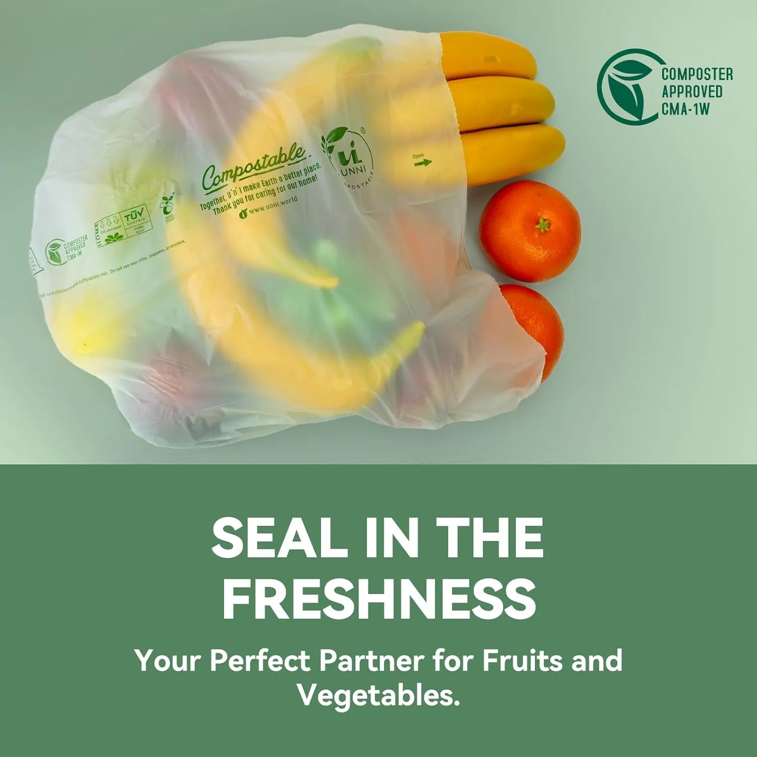 UNNI Compostable Produce Bags, 15"x17", 350 Count, ASTM D6400, BPI, CMA & OK compost HOME Certified, For Farmers Markets, Grocery Stores & Sustainable Produce Storage, Rooted in San Francisco