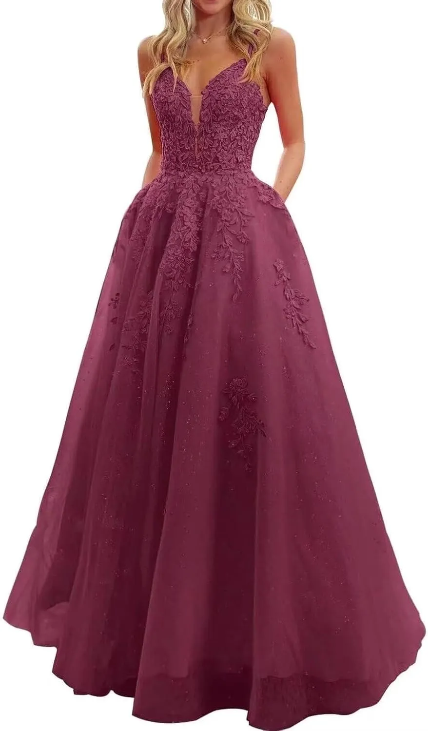 V Neck Lace Appliques Prom Dresses 2025 Long Corset Sparkly Tulle Formal Evening Party Gowns with Pockets