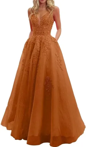 V Neck Lace Appliques Prom Dresses 2025 Long Corset Sparkly Tulle Formal Evening Party Gowns with Pockets