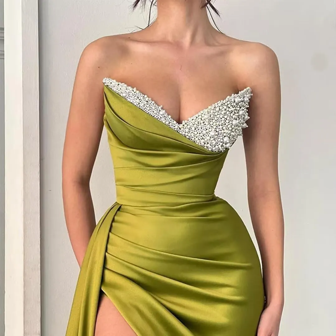 V-Neck Mermaid Prom Dresses 2024 with Slit Sequin Beaded Long Satin Strapless Pleated Formal Evening Party Gowns