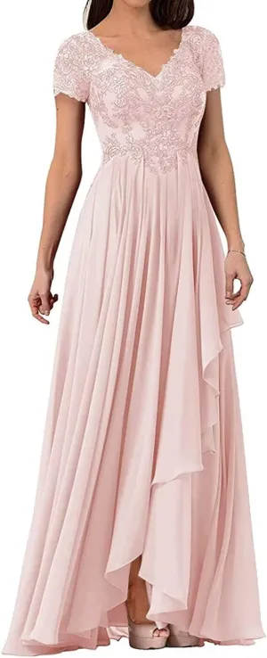 V Neck Mother of The Bride Dresses for Wedding Lace Appliques Prom Dress Women's Cap Sleeves Formal Evening Party Dress