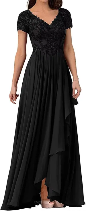 V Neck Mother of The Bride Dresses for Wedding Lace Appliques Prom Dress Women's Cap Sleeves Formal Evening Party Dress