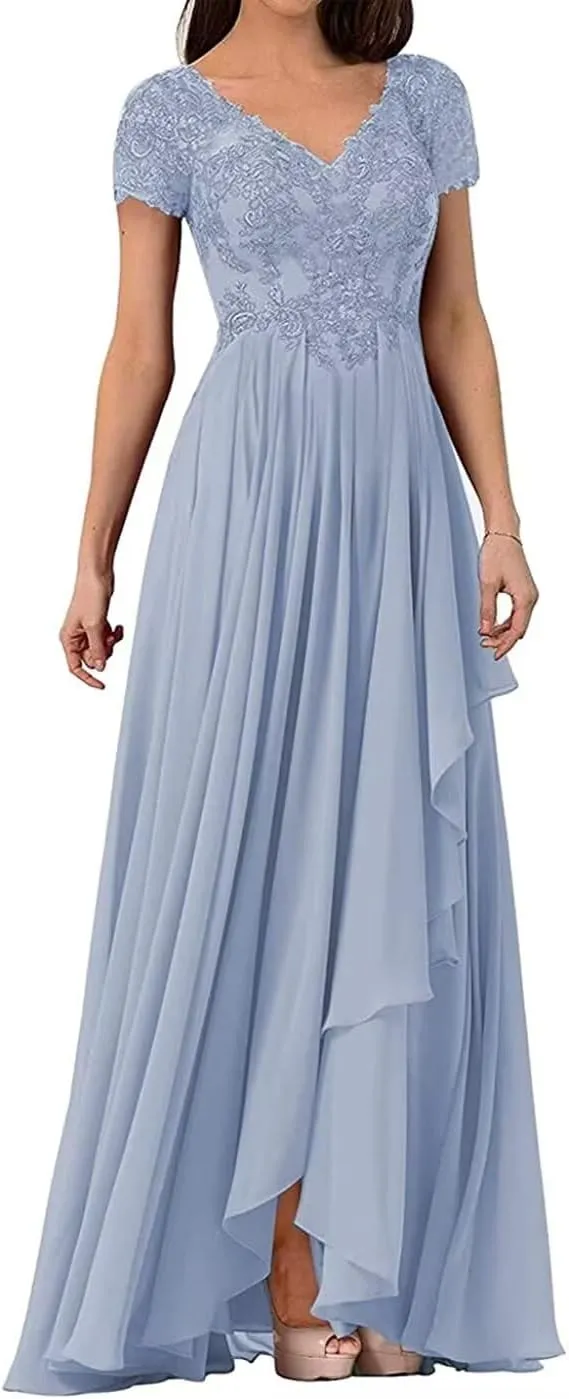 V Neck Mother of The Bride Dresses for Wedding Lace Appliques Prom Dress Women's Cap Sleeves Formal Evening Party Dress