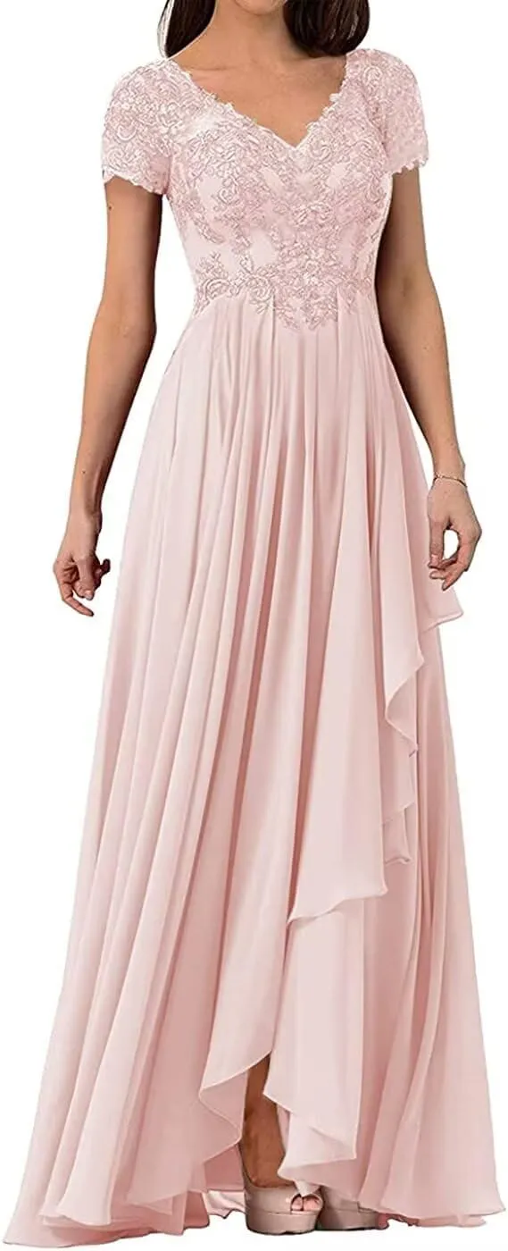 V Neck Mother of The Bride Dresses for Wedding Lace Appliques Prom Dress Women's Cap Sleeves Formal Evening Party Dress