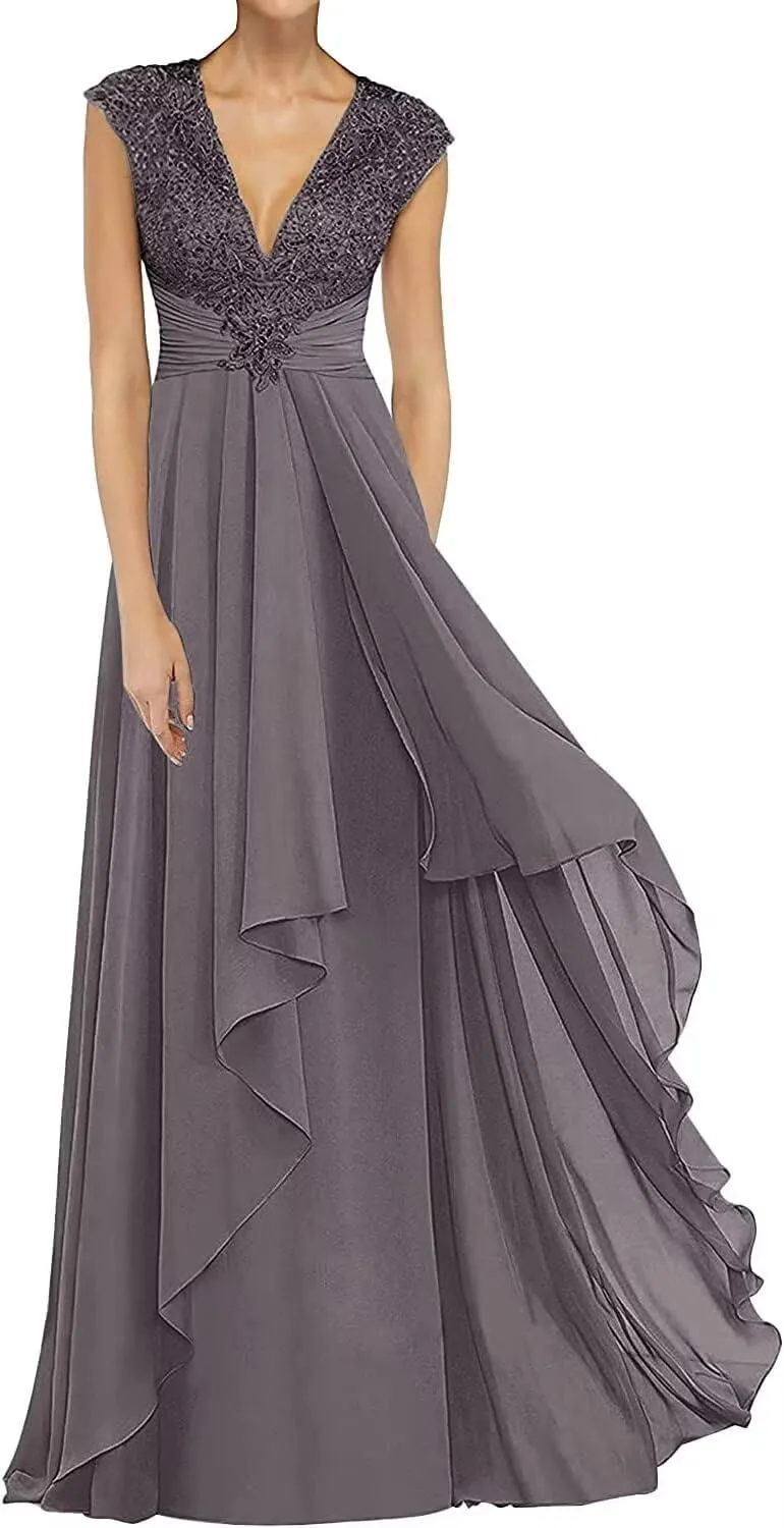 V Neck Mother of The Bride Dresses Long Chiffon Prom Dress for Wedding Lace Appliques Formal Evening Gown Plus Size