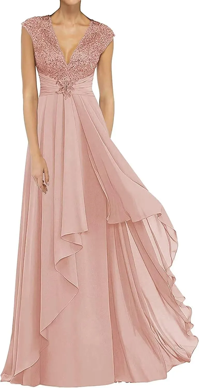 V Neck Mother of The Bride Dresses Long Chiffon Prom Dress for Wedding Lace Appliques Formal Evening Gown Plus Size