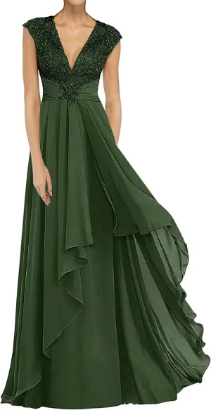 V Neck Mother of The Bride Dresses Long Chiffon Prom Dress for Wedding Lace Appliques Formal Evening Gown Plus Size