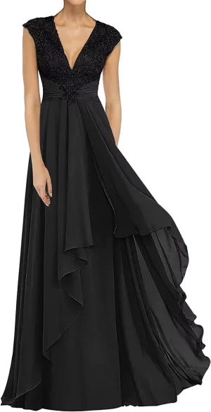 V Neck Mother of The Bride Dresses Long Chiffon Prom Dress for Wedding Lace Appliques Formal Evening Gown Plus Size