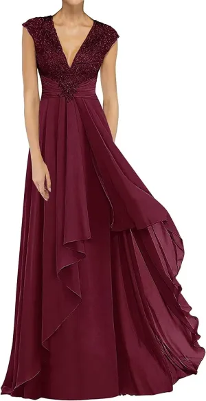 V Neck Mother of The Bride Dresses Long Chiffon Prom Dress for Wedding Lace Appliques Formal Evening Gown Plus Size