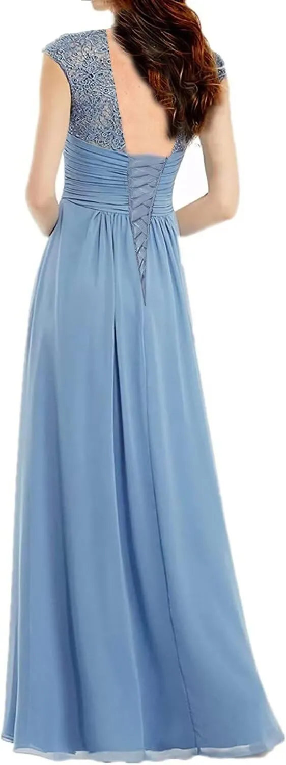 V Neck Mother of The Bride Dresses Long Chiffon Prom Dress for Wedding Lace Appliques Formal Evening Gown Plus Size
