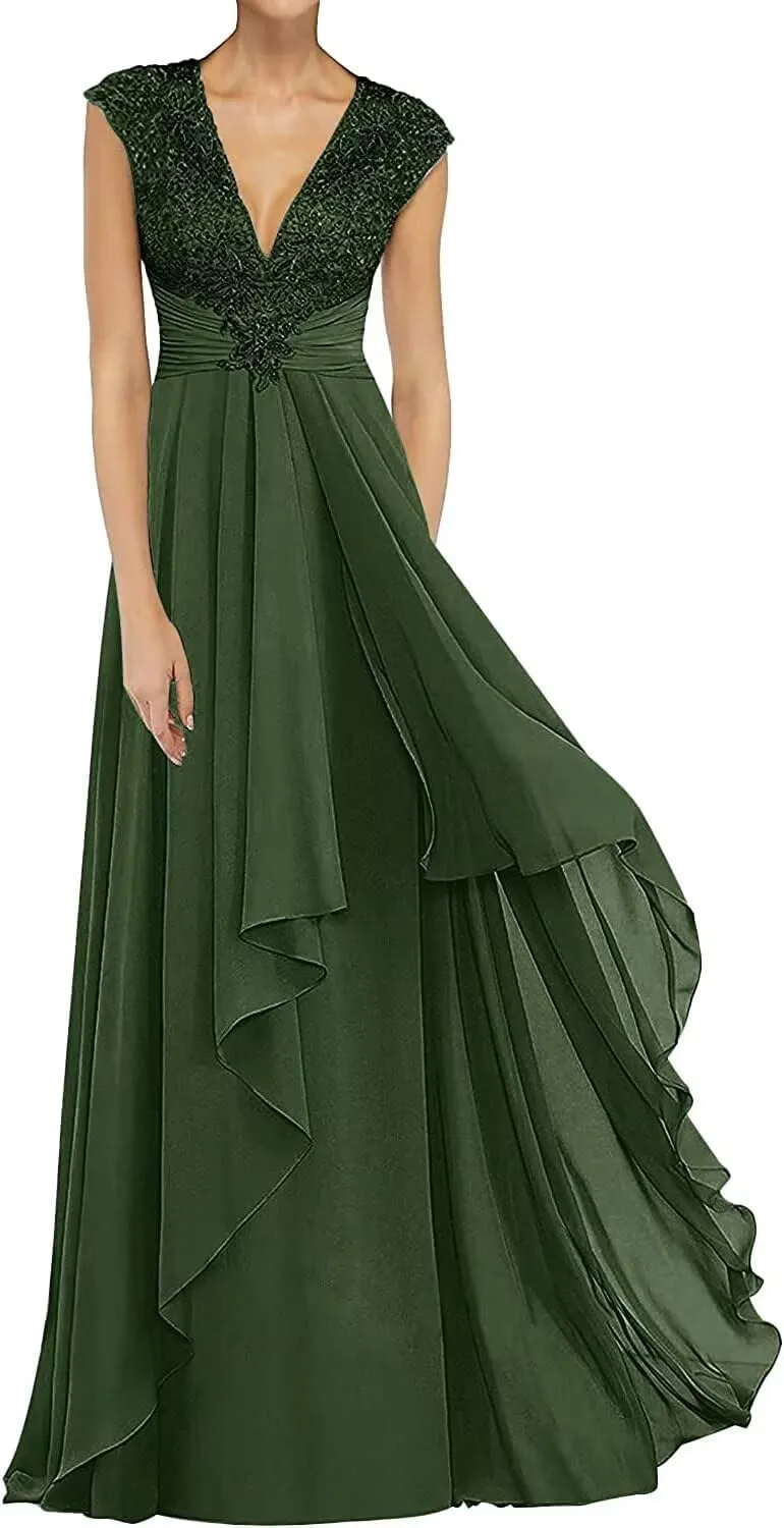 V Neck Mother of The Bride Dresses Long Chiffon Prom Dress for Wedding Lace Appliques Formal Evening Gown Plus Size