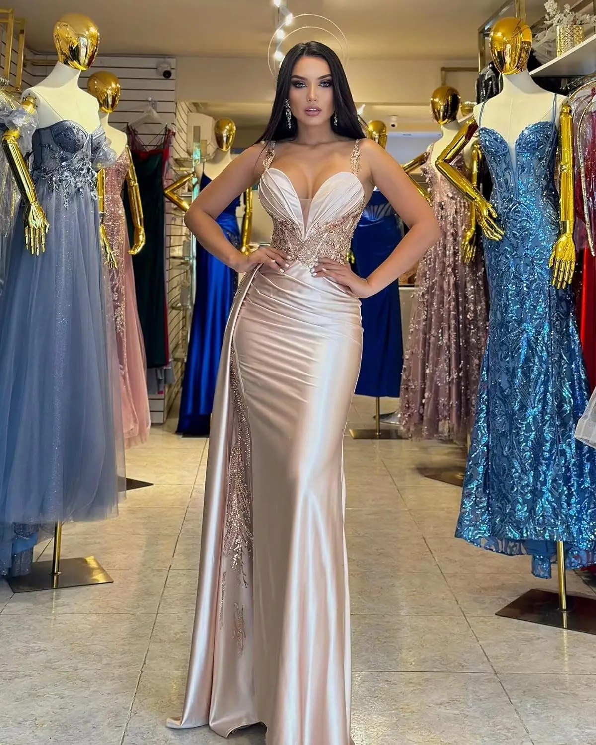 V Neck Satin Prom Dresses Long Mermaid Lace Evening Gown with Slit Pleated Bodycon Formal Dress with Tail