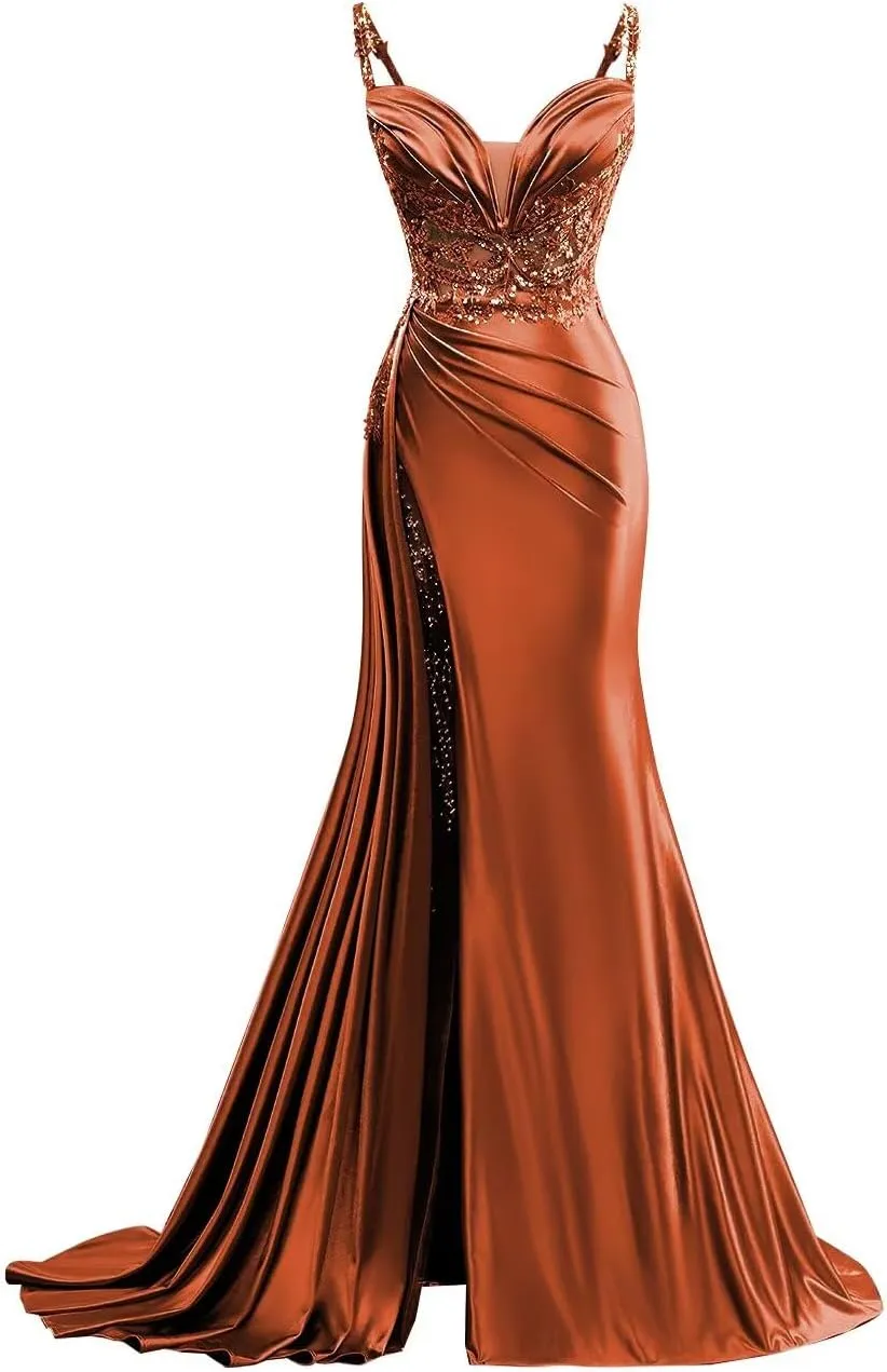 V Neck Satin Prom Dresses Long Mermaid Lace Evening Gown with Slit Pleated Bodycon Formal Dress with Tail