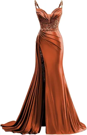 V Neck Satin Prom Dresses Long Mermaid Lace Evening Gown with Slit Pleated Bodycon Formal Dress with Tail