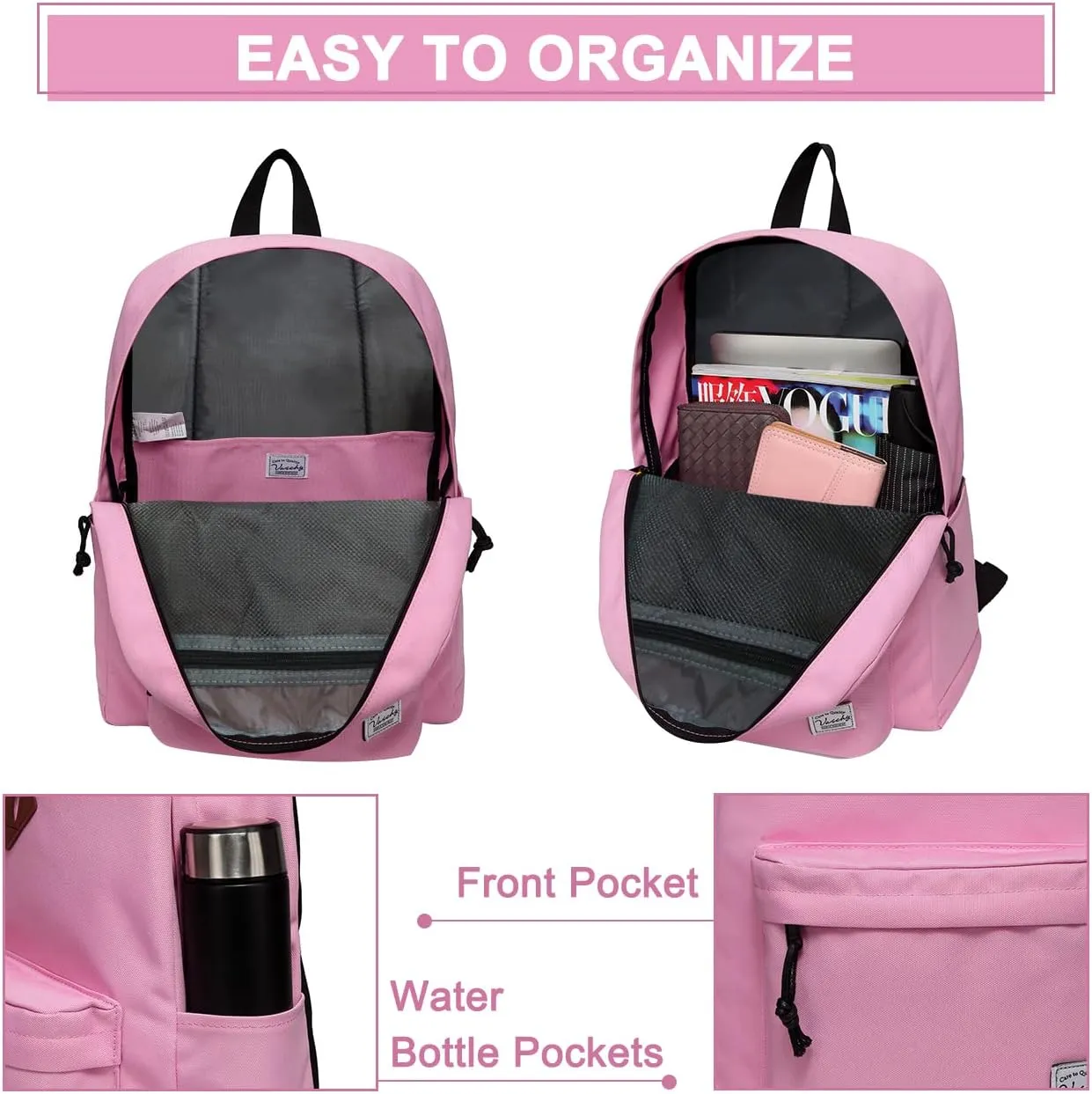 VASCHY School Backpack, Lightweight Water Repellent Backpack Men School Bag Women Children Boy Leisure for Girl School High School Teenagers College Business Travel, Pink, M, Backpacks Handbags