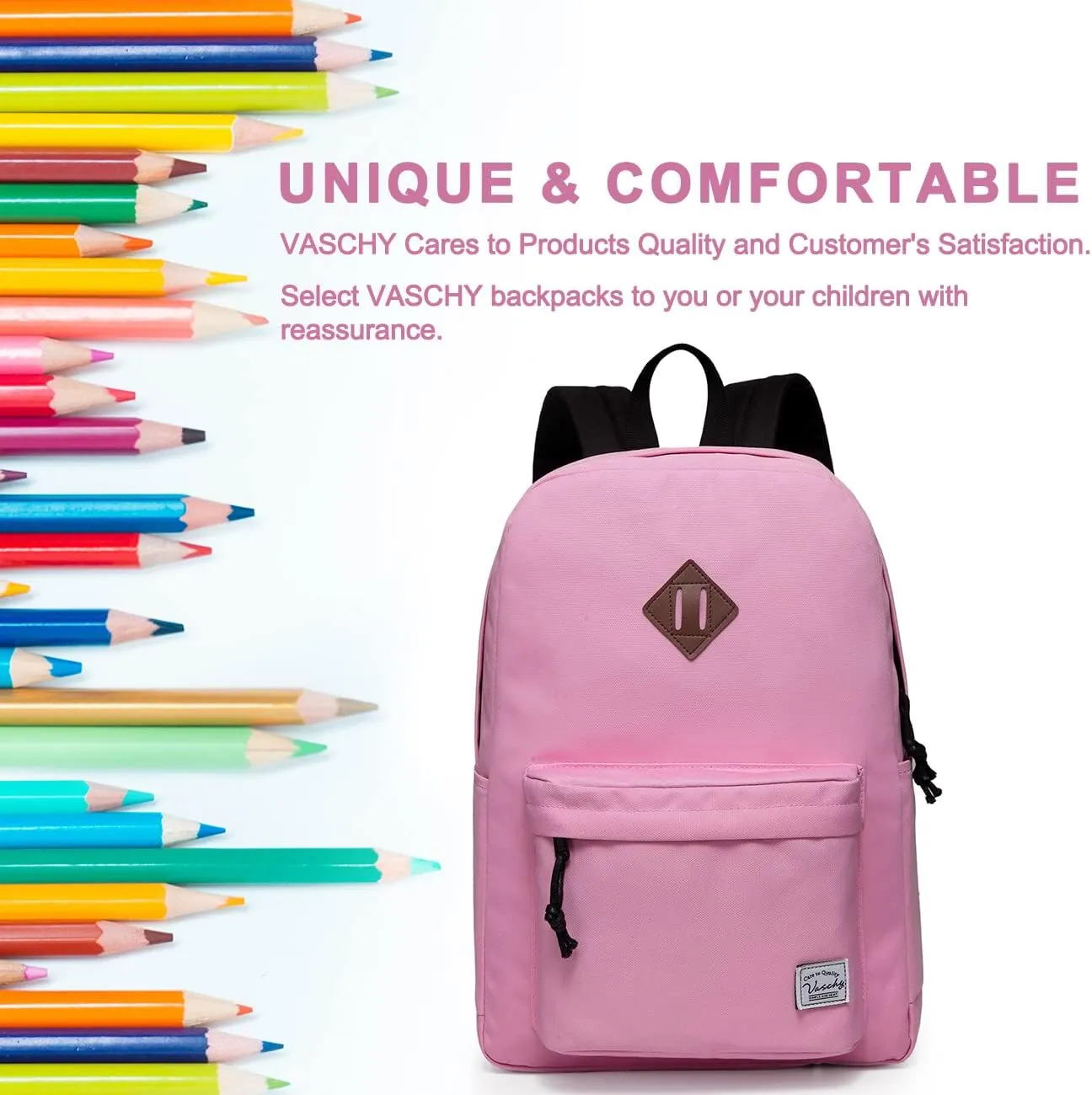 VASCHY School Backpack, Lightweight Water Repellent Backpack Men School Bag Women Children Boy Leisure for Girl School High School Teenagers College Business Travel, Pink, M, Backpacks Handbags
