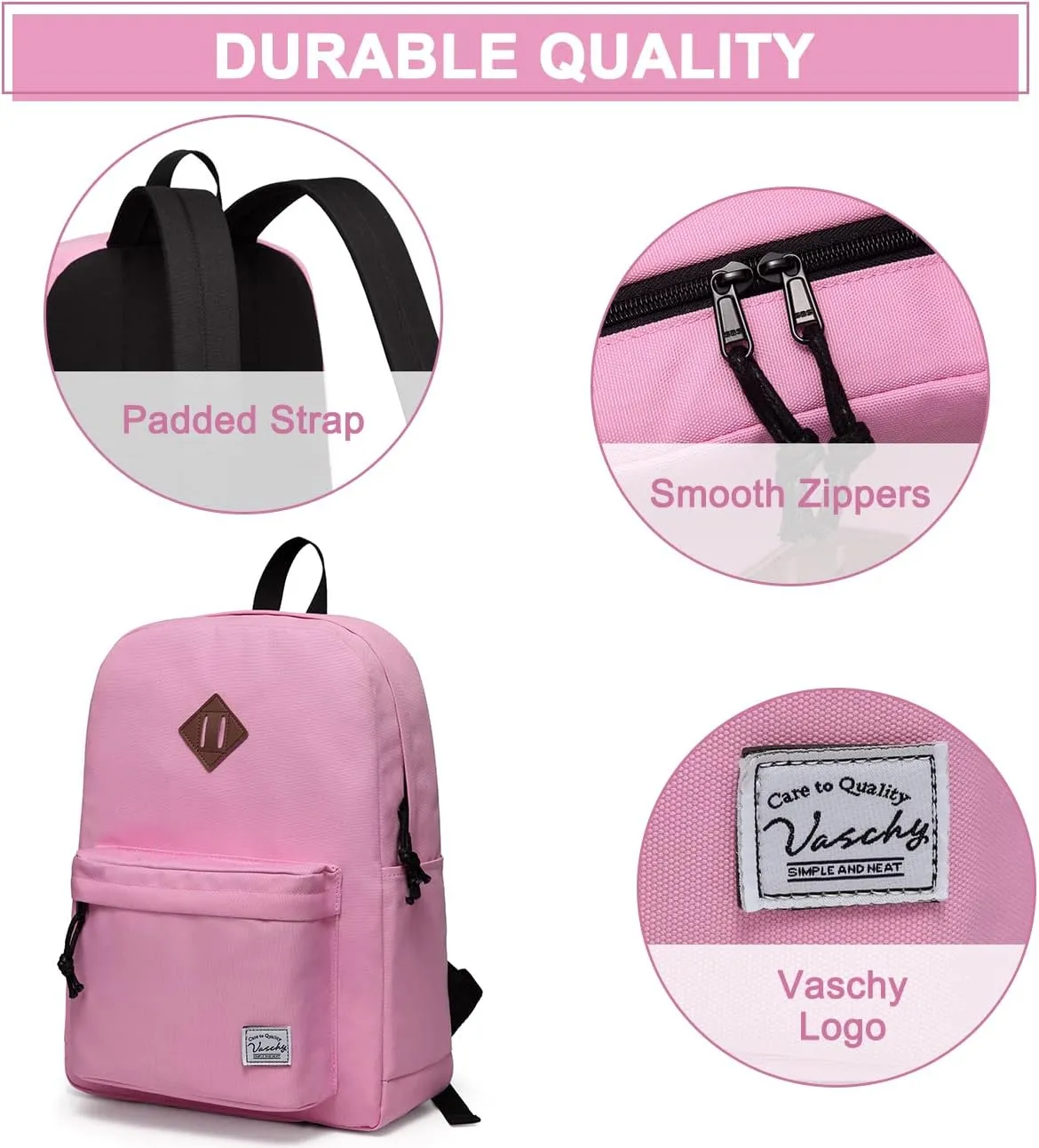 VASCHY School Backpack, Lightweight Water Repellent Backpack Men School Bag Women Children Boy Leisure for Girl School High School Teenagers College Business Travel, Pink, M, Backpacks Handbags