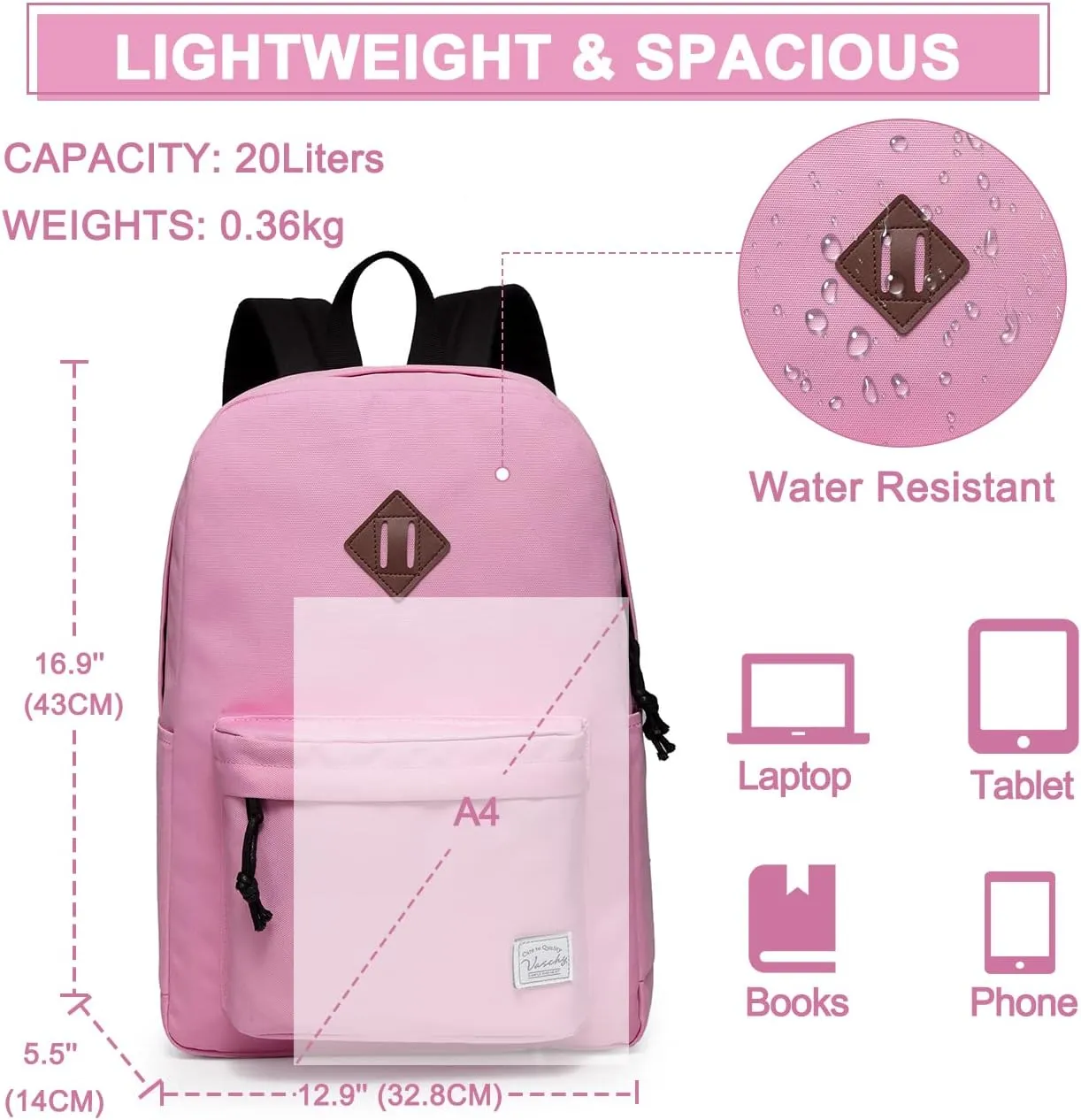 VASCHY School Backpack, Lightweight Water Repellent Backpack Men School Bag Women Children Boy Leisure for Girl School High School Teenagers College Business Travel, Pink, M, Backpacks Handbags