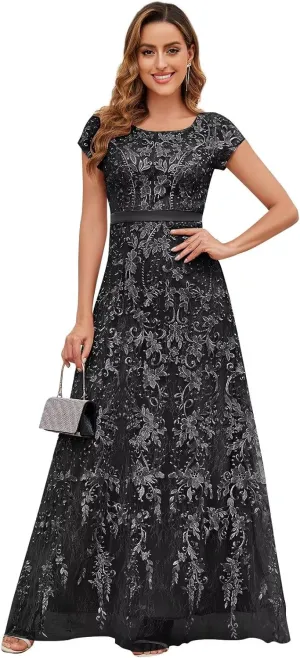 VCCICANY Lace Appliques Mother of The Bride Dresses for Women Short Sleeves A Line Tulle Long Formal Evening Gown Prom Dress