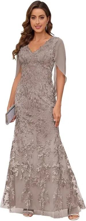 VCCICANY Lace Mermaid Mother of The Bride Dresses for Wedding V Neck Long Formal Evening Gown with Cape Sleeves
