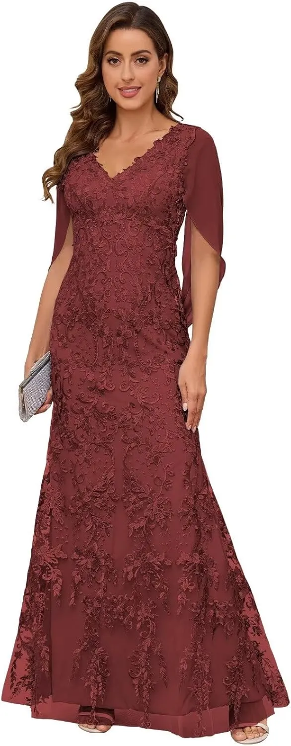 VCCICANY Lace Mermaid Mother of The Bride Dresses for Wedding V Neck Long Formal Evening Gown with Cape Sleeves