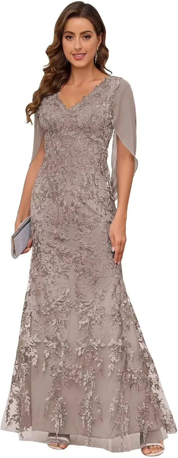 VCCICANY Lace Mermaid Mother of The Bride Dresses for Wedding V Neck Long Formal Evening Gown with Cape Sleeves