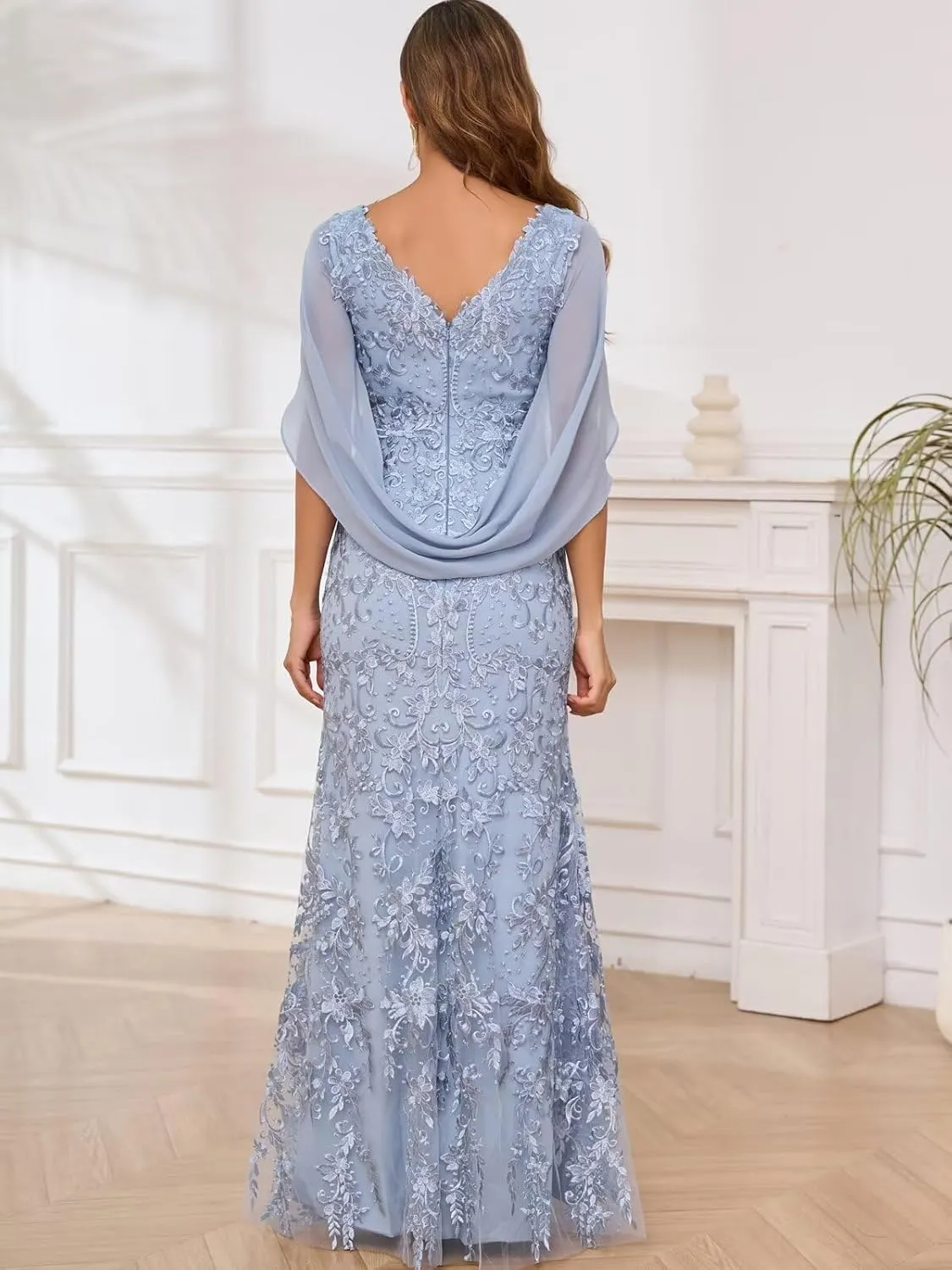VCCICANY Lace Mermaid Mother of The Bride Dresses for Wedding V Neck Long Formal Evening Gown with Cape Sleeves