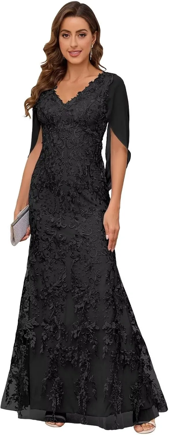 VCCICANY Lace Mermaid Mother of The Bride Dresses for Wedding V Neck Long Formal Evening Gown with Cape Sleeves
