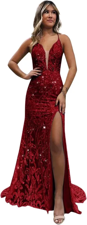 VCCICANY Sparkly Sequin Mermaid Prom Dresses for Women V Neck Lace Backless Long Evening Gown Formal Dresses with Slit