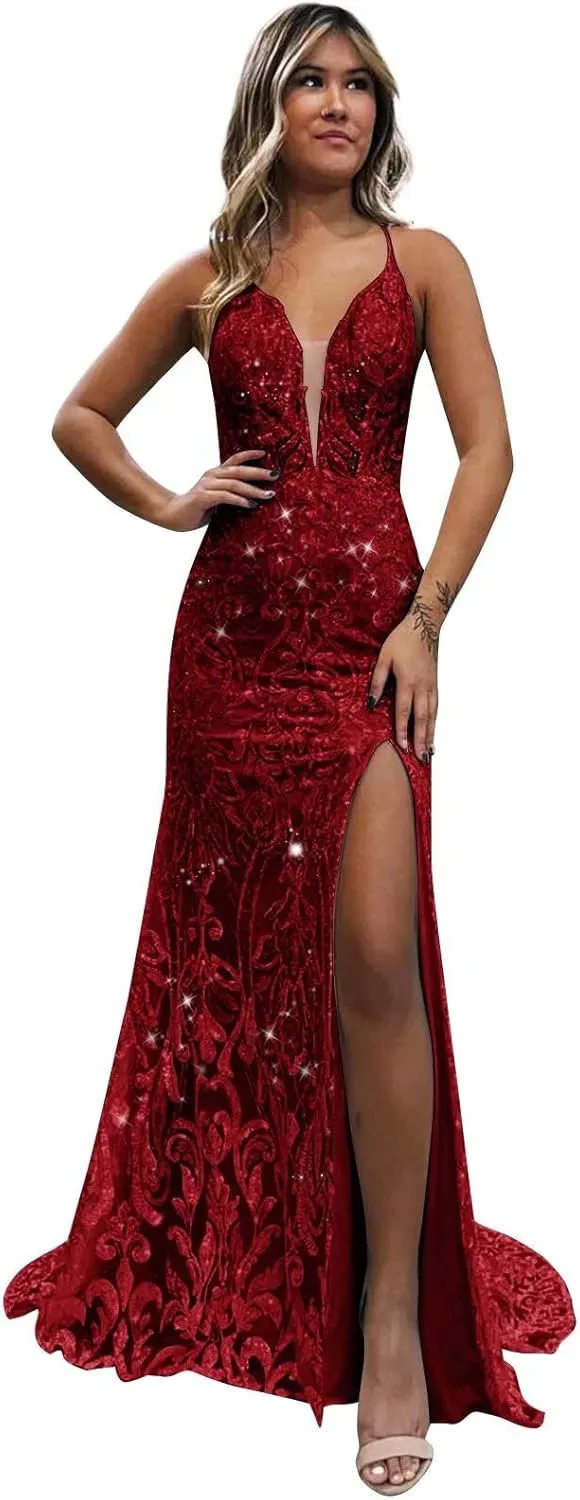 VCCICANY Sparkly Sequin Mermaid Prom Dresses for Women V Neck Lace Backless Long Evening Gown Formal Dresses with Slit