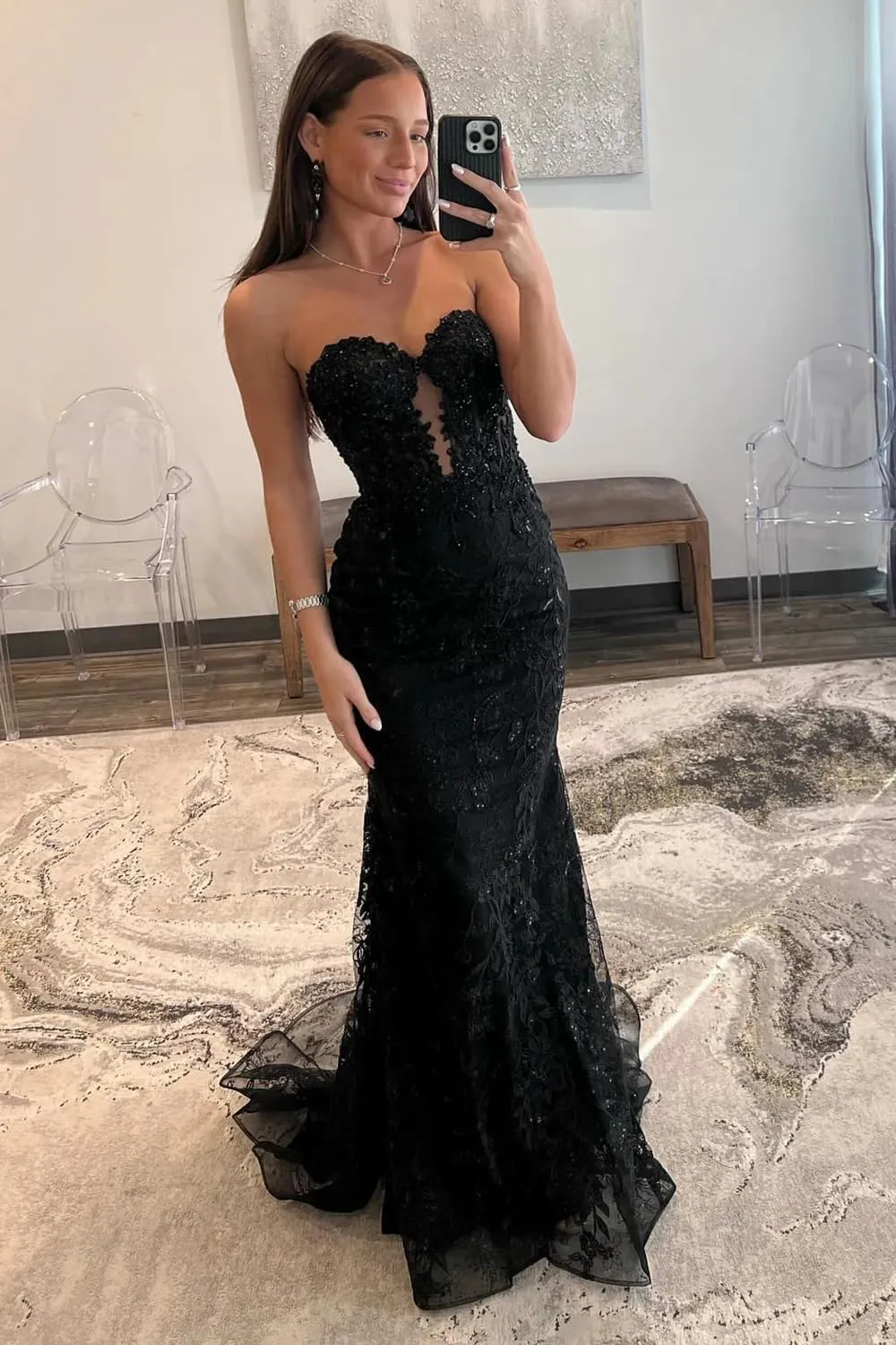VCCICANY Strapless Mermaid Prom Dresses for Women 2025 Lace Appliques Tulle Corset Long Formal Evening Party Gowns