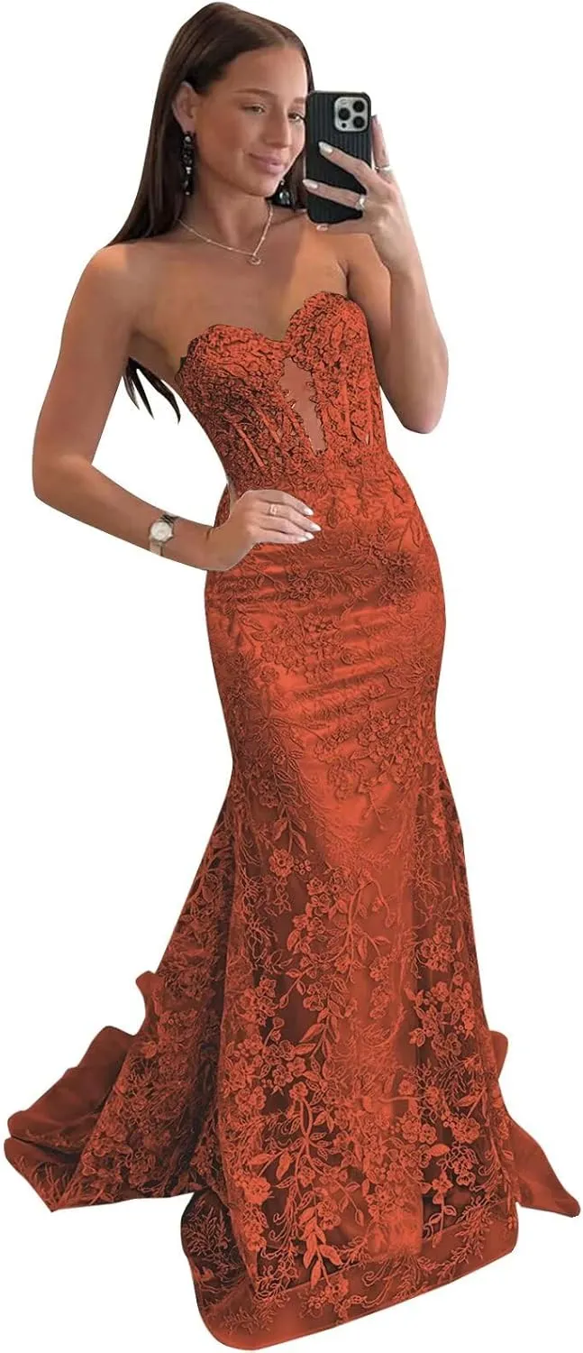 VCCICANY Strapless Mermaid Prom Dresses for Women 2025 Lace Appliques Tulle Corset Long Formal Evening Party Gowns