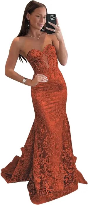 VCCICANY Strapless Mermaid Prom Dresses for Women 2025 Lace Appliques Tulle Corset Long Formal Evening Party Gowns
